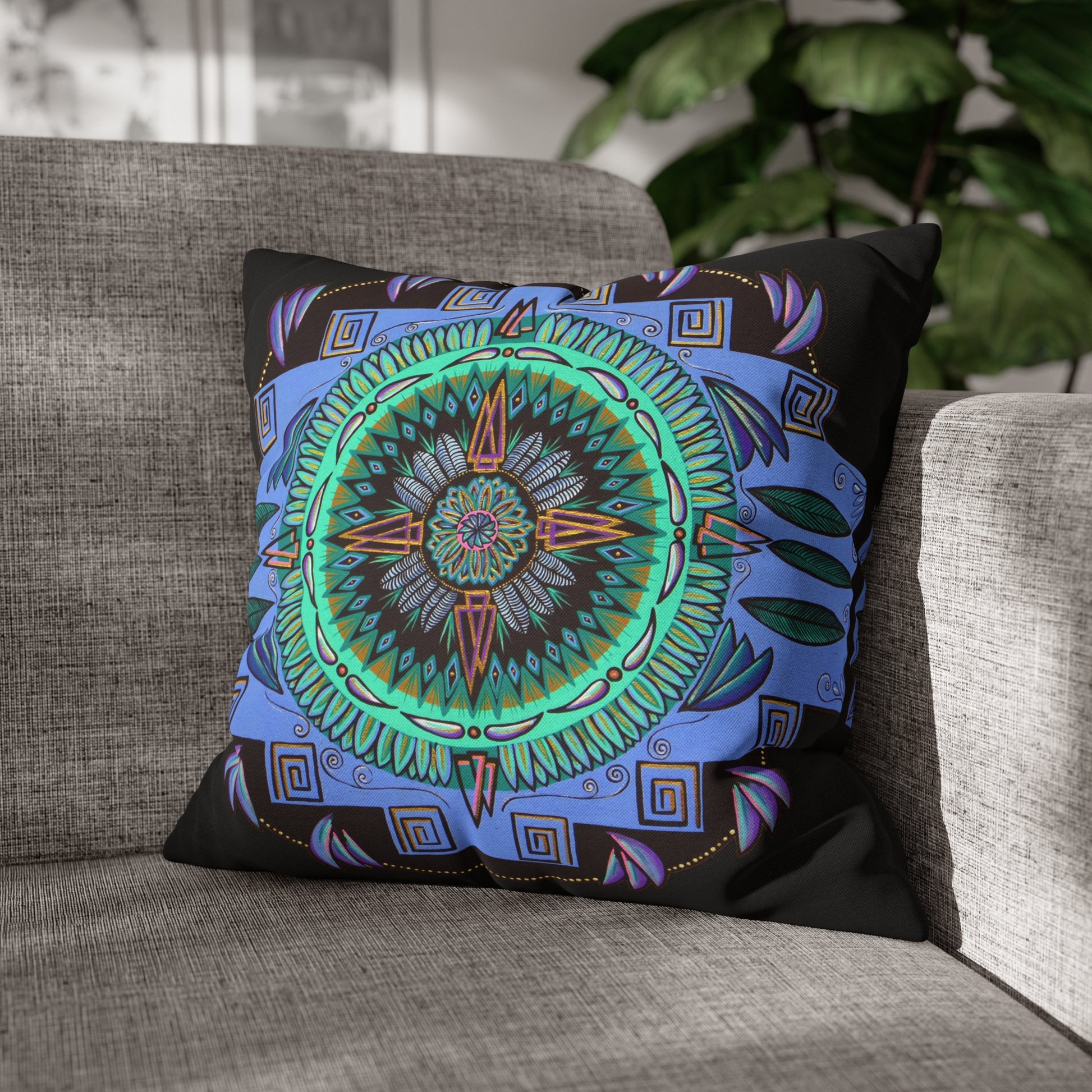 "Plumachakana" Dreamcatcher Pillow Cover - Blue Flame Array 18" × 18" Home Decor