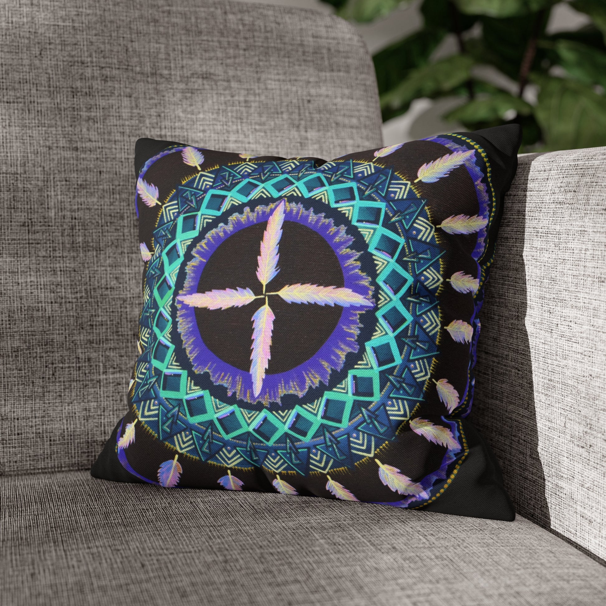 "Cuatro Vientos" Dreamcatcher Pillow Cover - Blue Flame Array 14" × 14" Home Decor