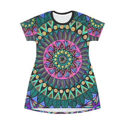 "Mandaladiosa" Ladies T-Shirt Dress - Blue Flame Array All Over Prints