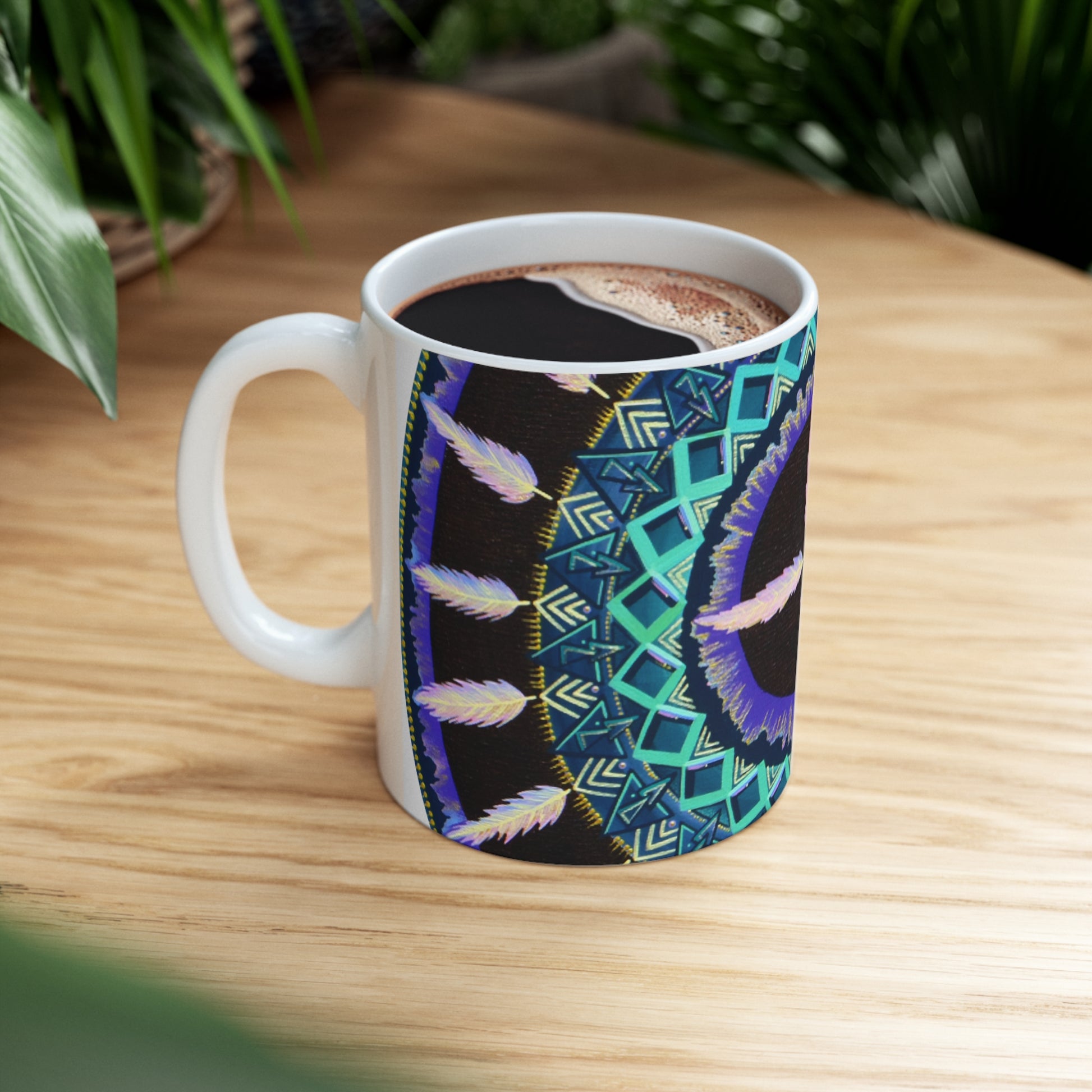 "Cuatro Vientos" White Ceramic Mug - Blue Flame Array Mug