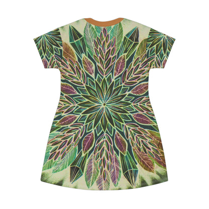 "Krystalhoja Verde" Ladies T-Shirt Dress - Blue Flame Array All Over Prints