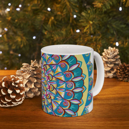 "Almandalayana" White Ceramic Mug - Blue Flame Array Mug