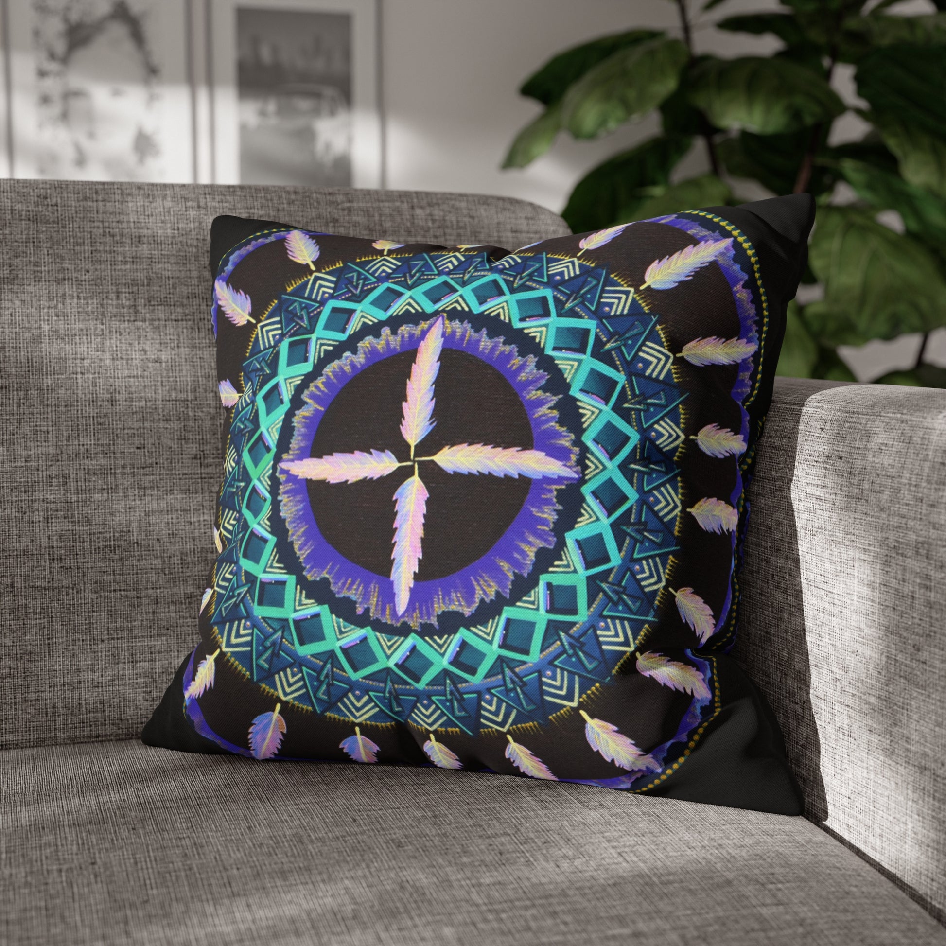 "Cuatro Vientos" Dreamcatcher Pillow Cover - Blue Flame Array 20" × 20" Home Decor