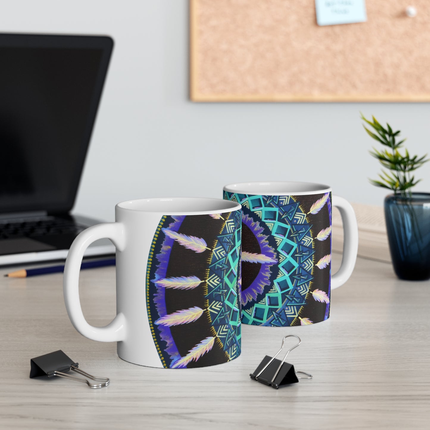 "Cuatro Vientos" White Ceramic Mug - Blue Flame Array Mug