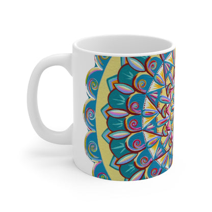 "Almandalayana" White Ceramic Mug - Blue Flame Array Mug