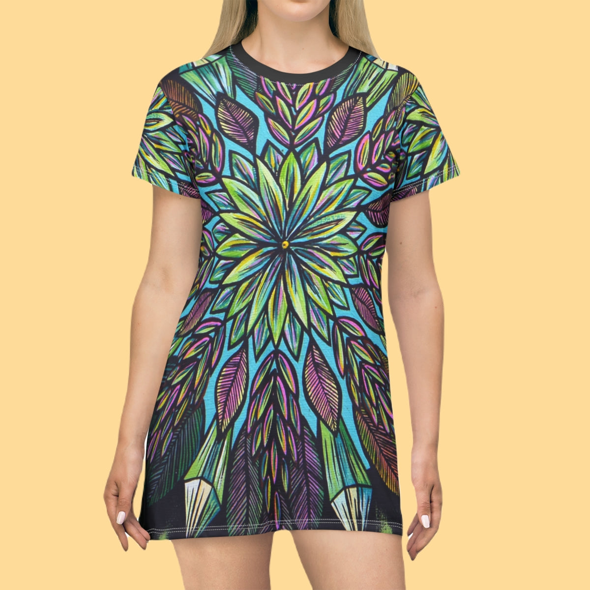 "Krystalhoja" Ladies T-Shirt Dress - Blue Flame Array All Over Prints