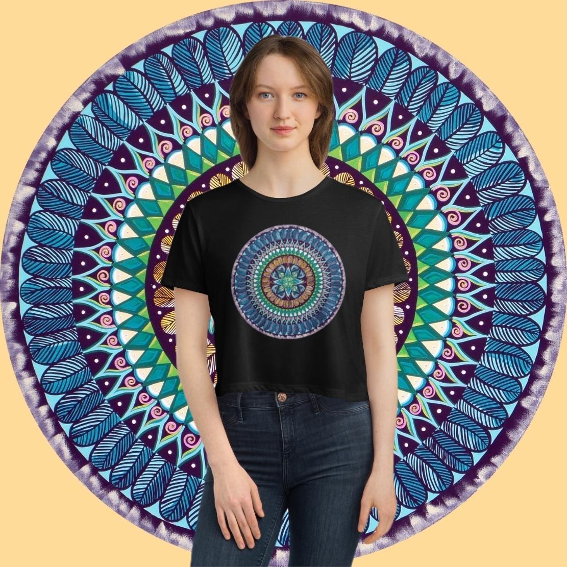 "AquilazurA Kryst'dala" Flowy Cropped Tee - Blue Flame Array T-Shirt