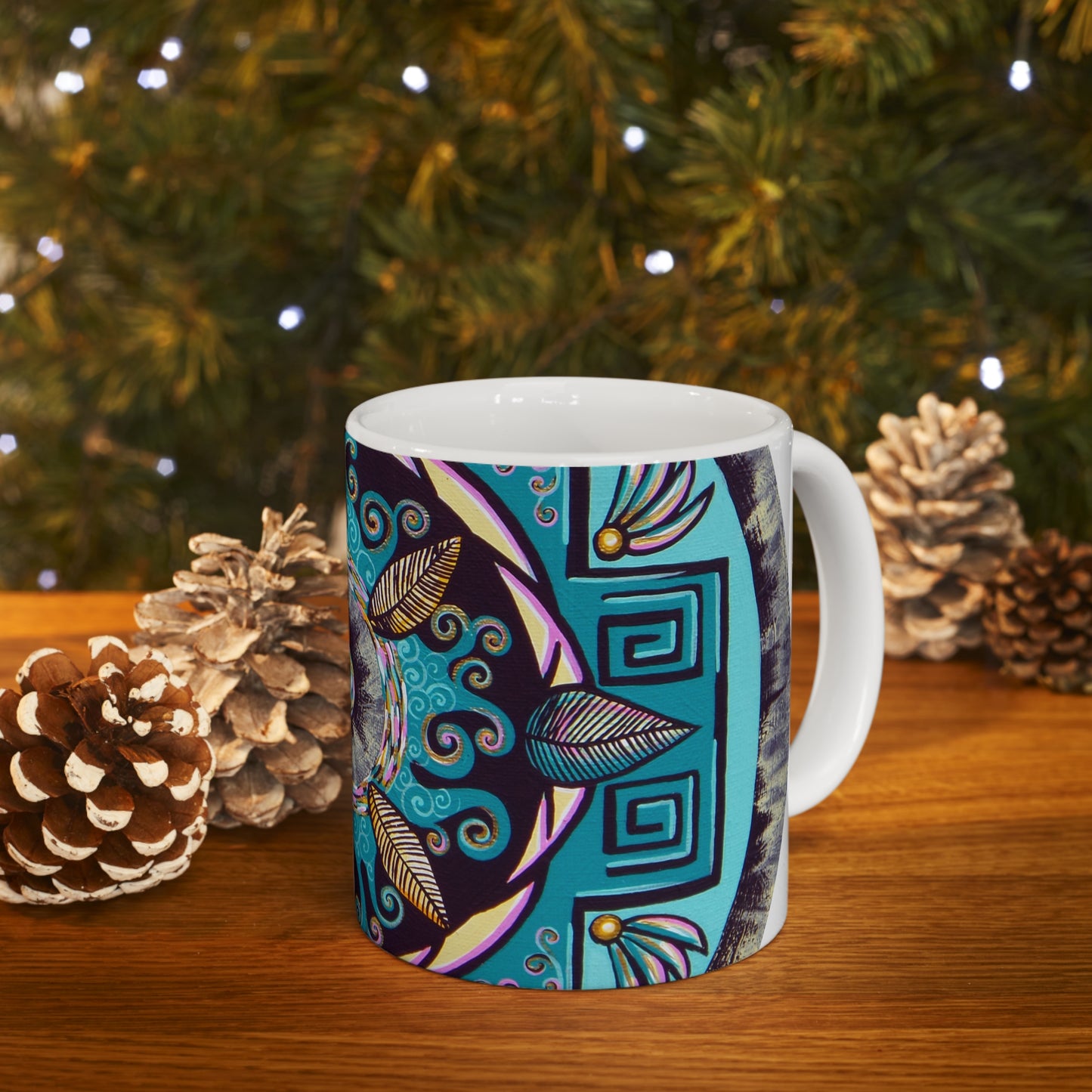 "Hojachakana" White Ceramic Mug - Blue Flame Array Mug