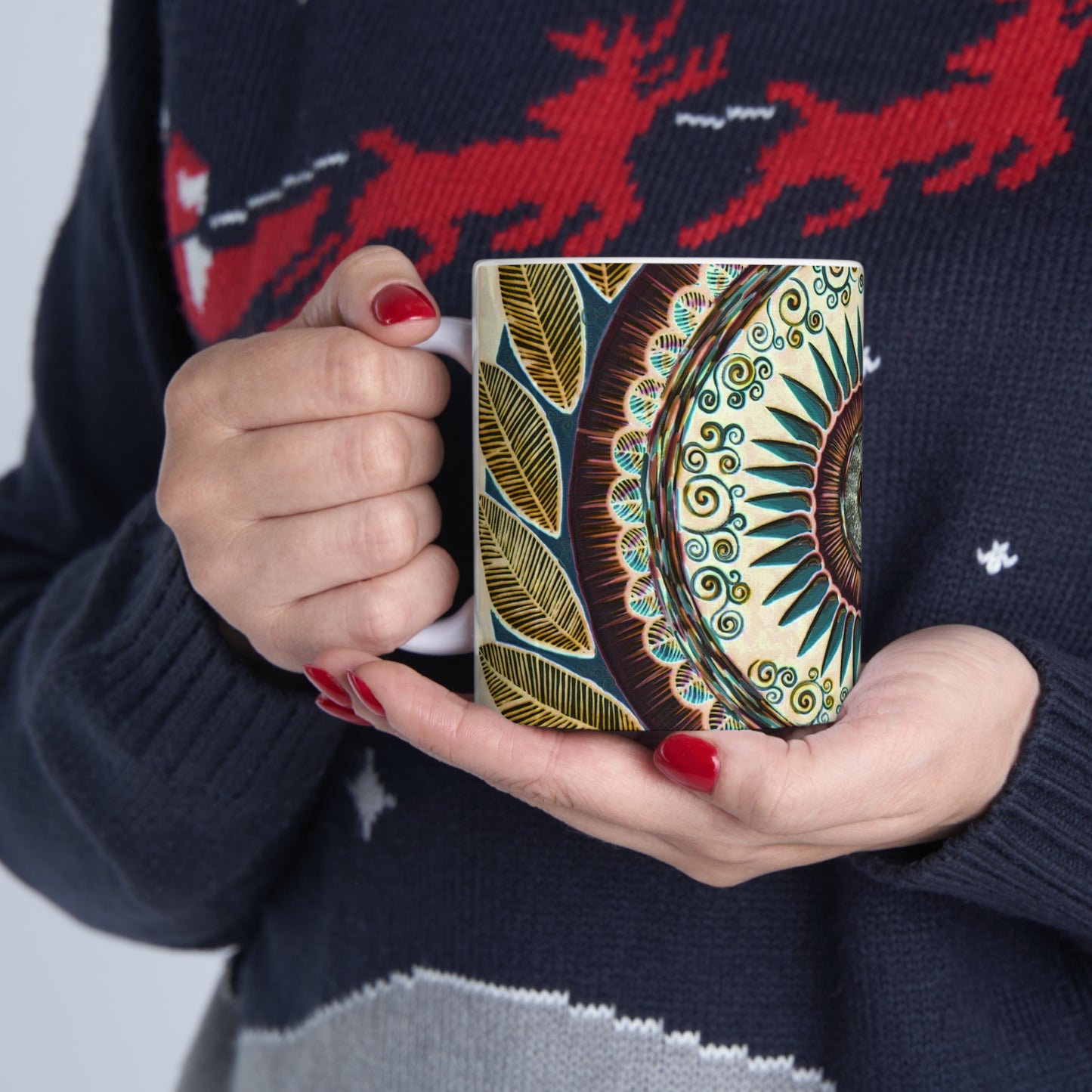 "Mandalamirajna" White Ceramic Mug