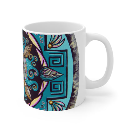 "Hojachakana" White Ceramic Mug - Blue Flame Array Mug