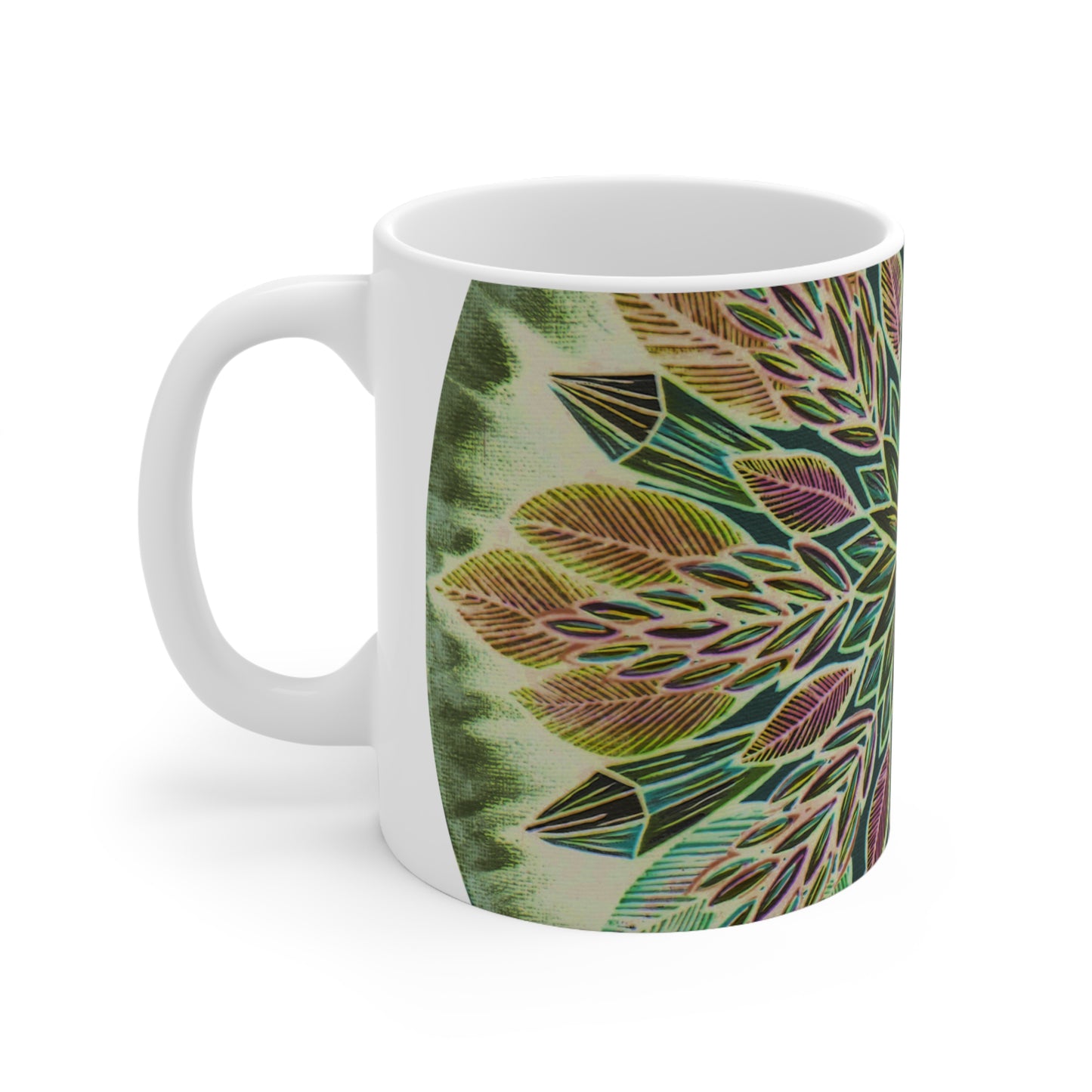 "Krystalhoja Verde" White Ceramic Mug - Blue Flame Array Mug