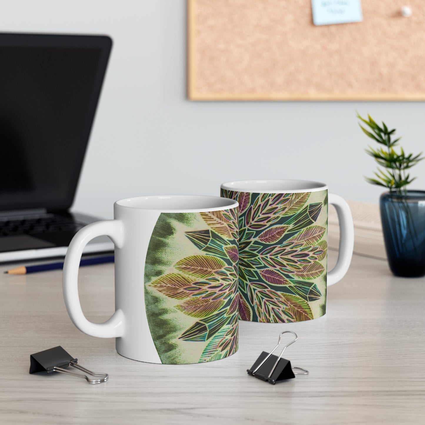 "Krystalhoja Verde" White Ceramic Mug - Blue Flame Array Mug