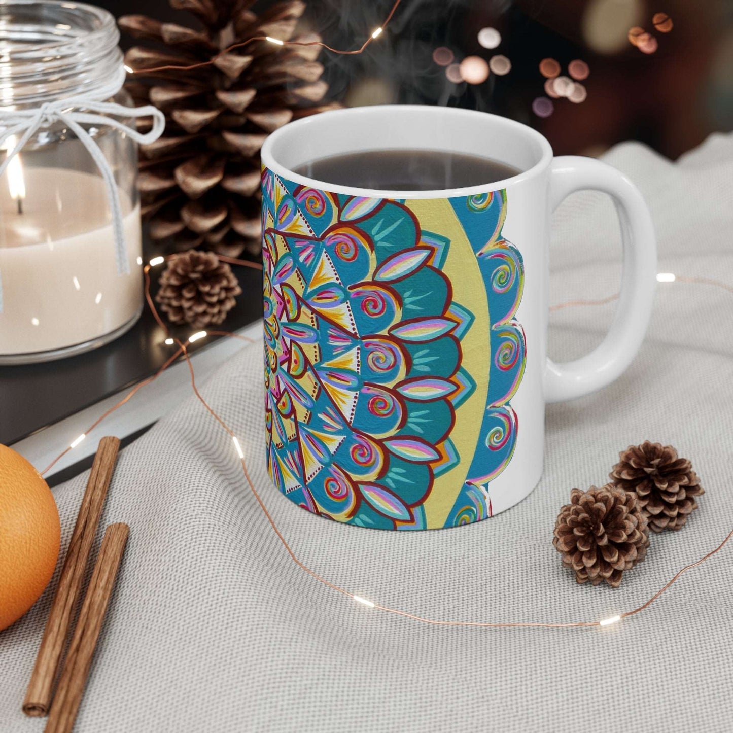 "Almandalayana" White Ceramic Mug - Blue Flame Array Mug