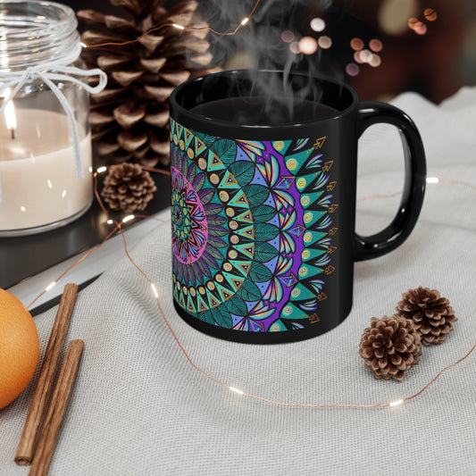 "Mandaladiosa" Black Ceramic Mug - Blue Flame Array 11oz Mug