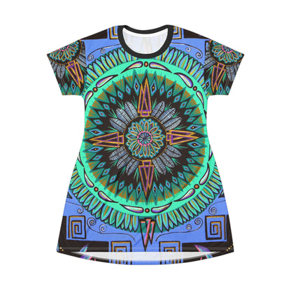 "Plumachakana" Ladies T-Shirt Dress - Blue Flame Array All Over Prints