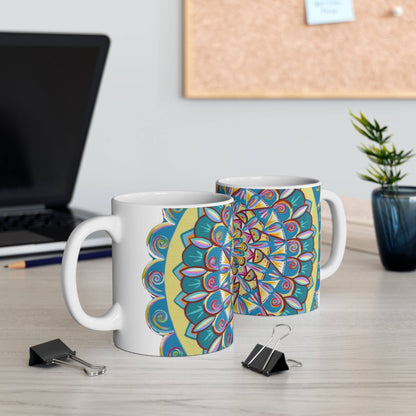 "Almandalayana" White Ceramic Mug - Blue Flame Array Mug