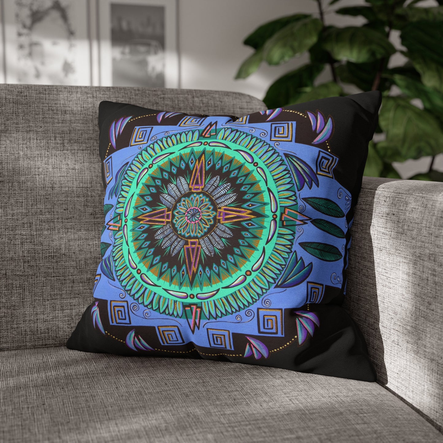 "Plumachakana" Dreamcatcher Pillow Cover - Blue Flame Array 20" × 20" Home Decor