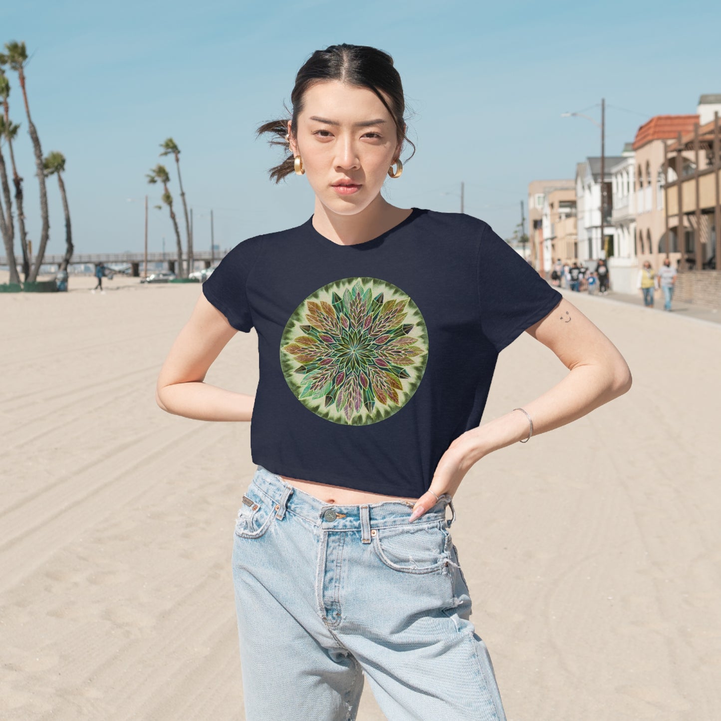 "Krystalhoja Verde" Flowy Cropped Tee - Blue Flame Array T-Shirt