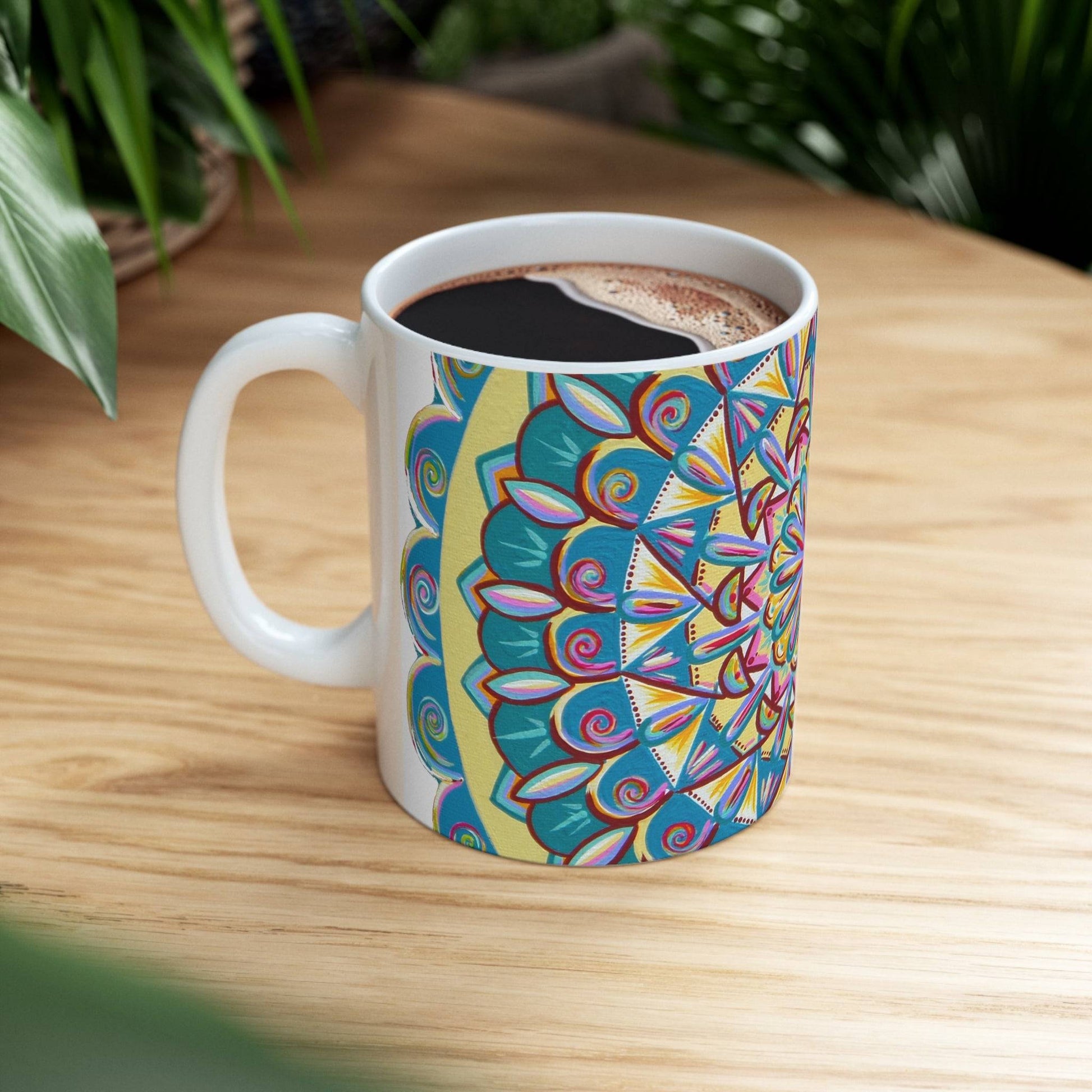 "Almandalayana" White Ceramic Mug - Blue Flame Array Mug