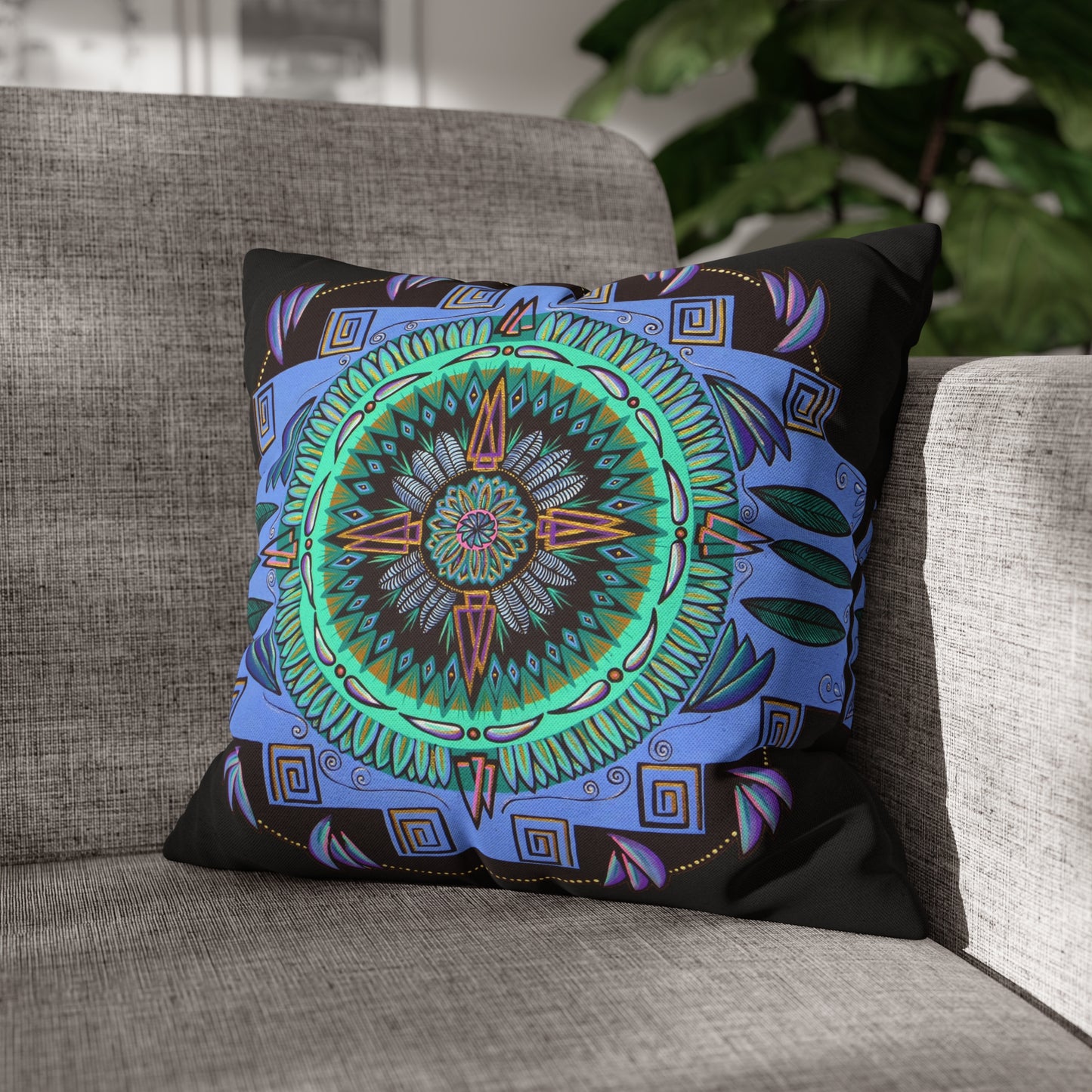 "Plumachakana" Dreamcatcher Pillow Cover - Blue Flame Array 16" × 16" Home Decor