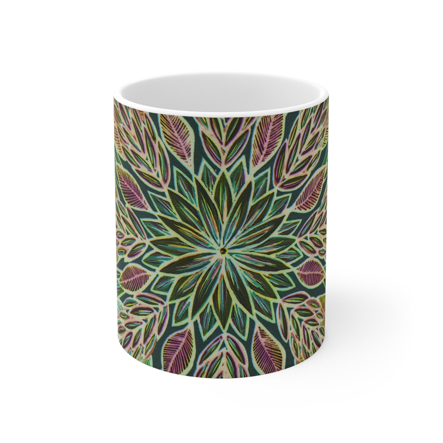 "Krystalhoja Verde" White Ceramic Mug - Blue Flame Array Mug