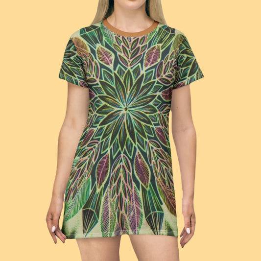 "Krystalhoja Verde" Ladies T-Shirt Dress - Blue Flame Array All Over Prints