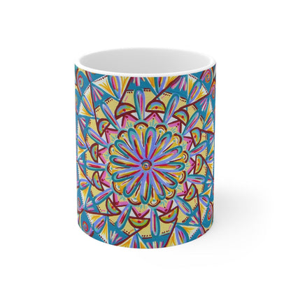 "Almandalayana" White Ceramic Mug - Blue Flame Array Mug