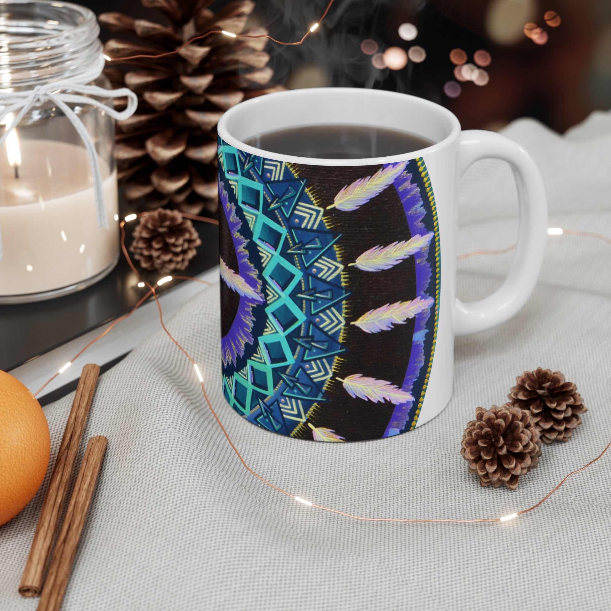 "Cuatro Vientos" White Ceramic Mug - Blue Flame Array Mug