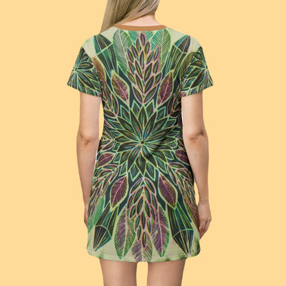 "Krystalhoja Verde" Ladies T-Shirt Dress - Blue Flame Array All Over Prints