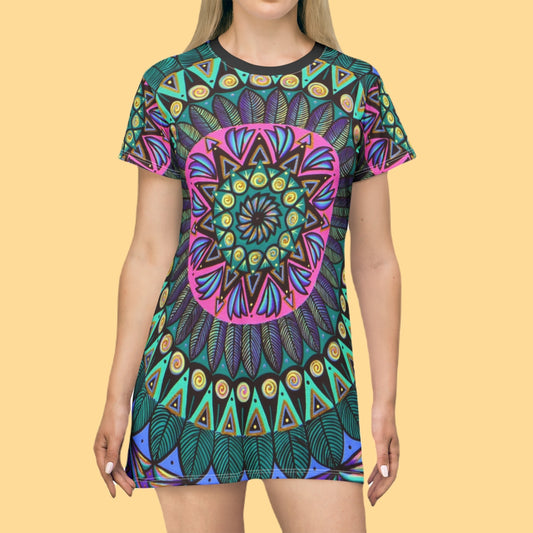 "Mandaladiosa" Ladies T-Shirt Dress - Blue Flame Array All Over Prints