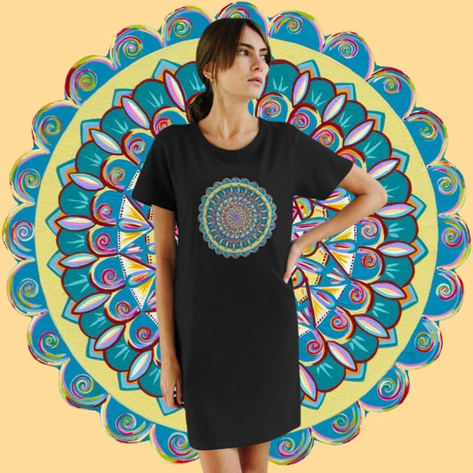 "Almandalayana" Ladies Organic T-Shirt Dress - Blue Flame Array T-Shirt