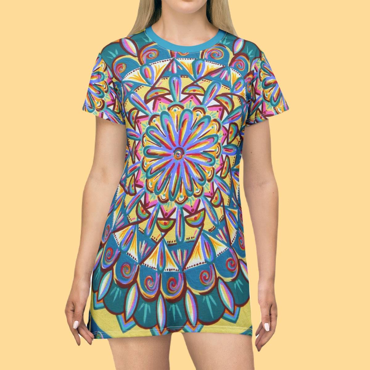 "Almandalayana" Ladies T-Shirt Dress - Blue Flame Array All Over Prints