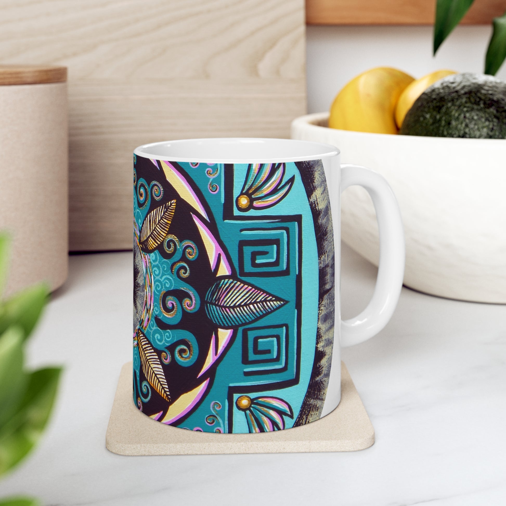 "Hojachakana" White Ceramic Mug - Blue Flame Array 11oz Mug