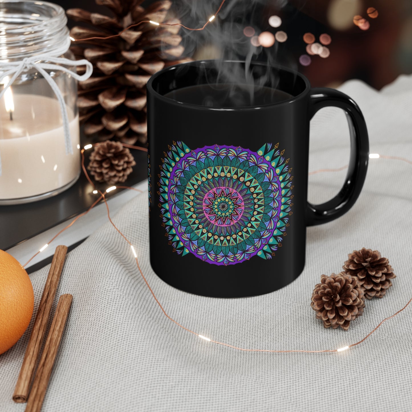 "Mandaladiosa" Black Ceramic Mug - Blue Flame Array 11oz Mug