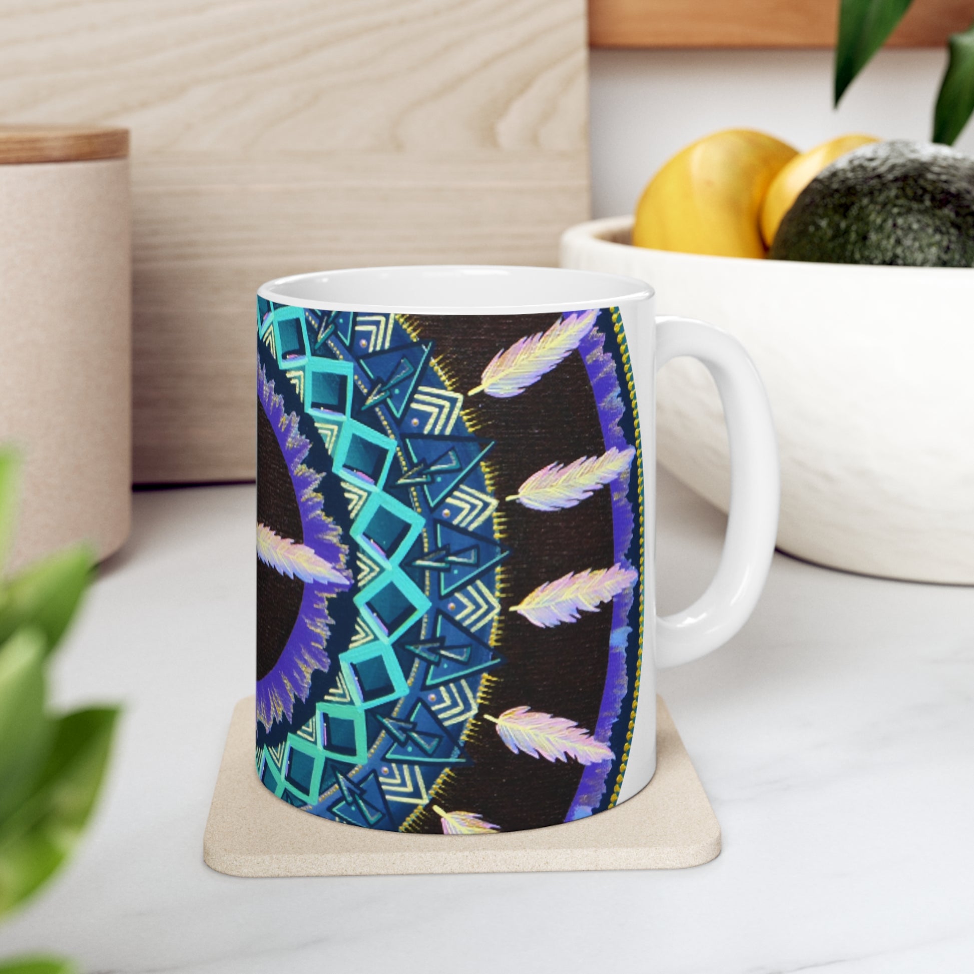 "Cuatro Vientos" White Ceramic Mug - Blue Flame Array 11oz Mug