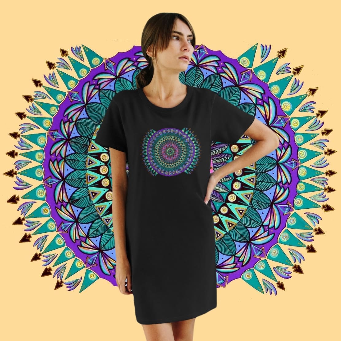 "Mandaladiosa" Ladies Organic T-Shirt Dress - Blue Flame Array T-Shirt