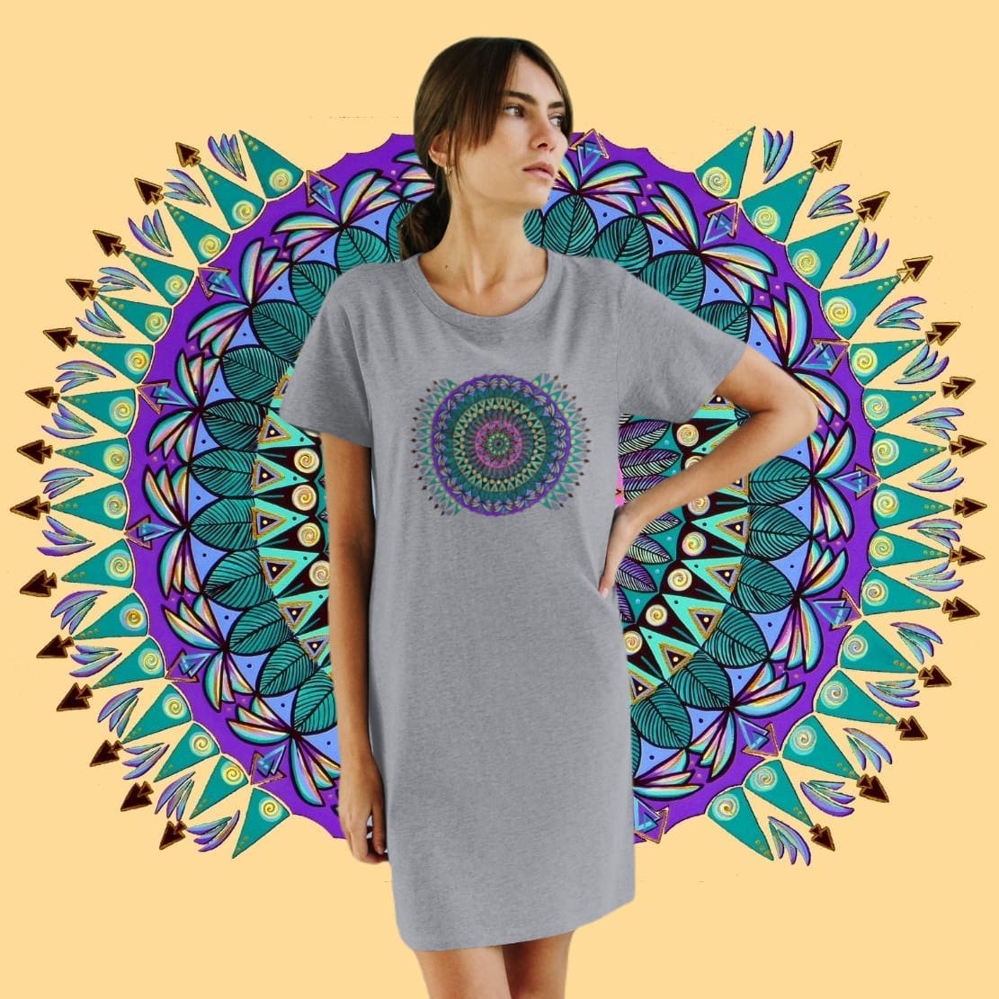 "Mandaladiosa" Ladies Organic T-Shirt Dress - Blue Flame Array T-Shirt