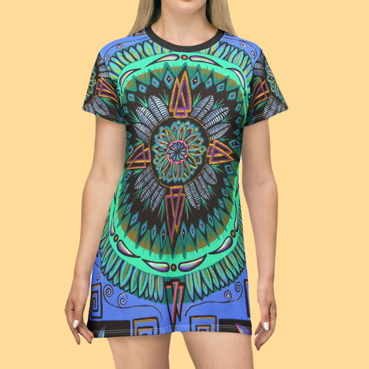 "Plumachakana" Ladies T-Shirt Dress - Blue Flame Array All Over Prints