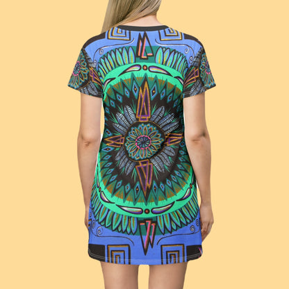 "Plumachakana" Ladies T-Shirt Dress - Blue Flame Array All Over Prints