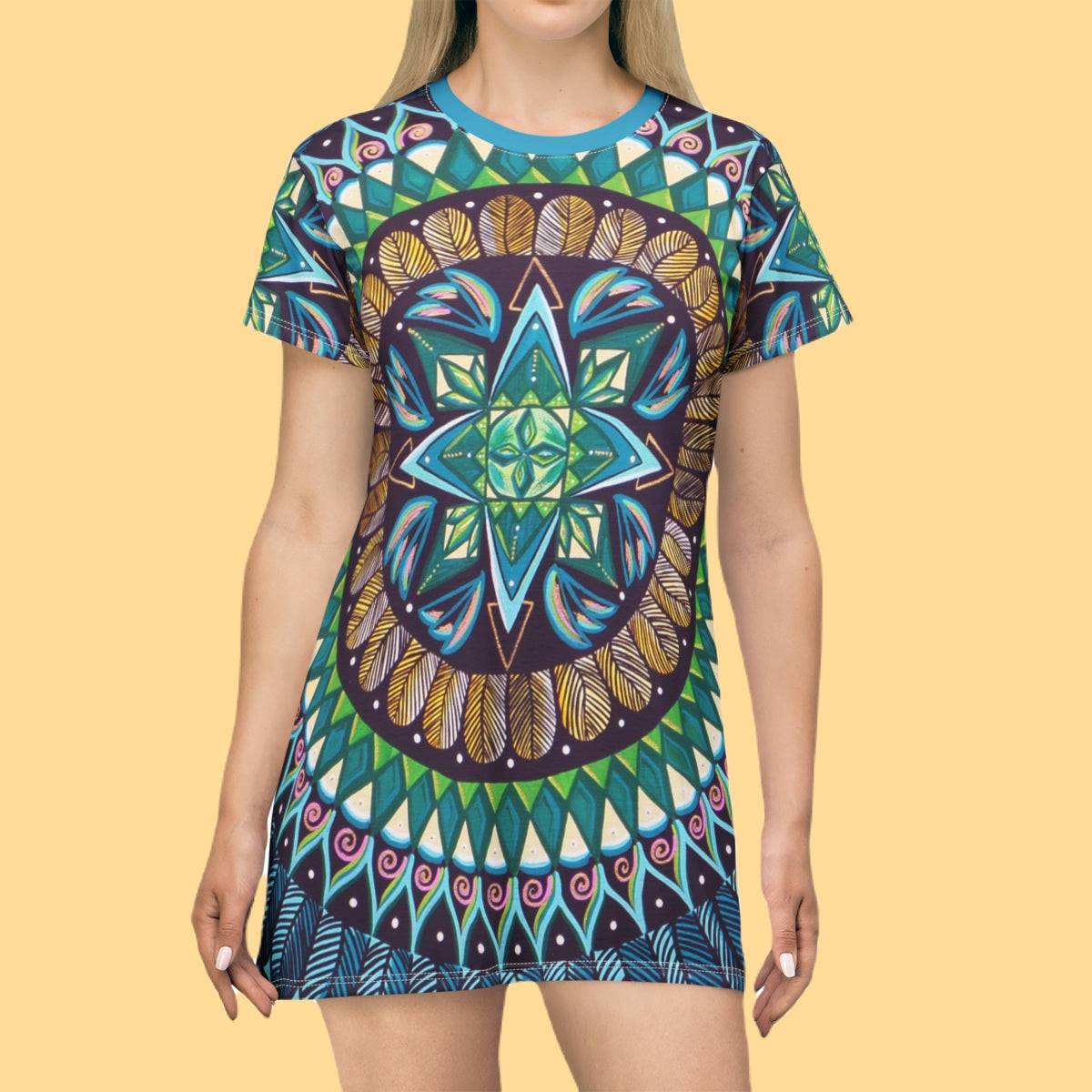 "AquilazurA Krys'dala" Ladies T-Shirt Dress - Blue Flame Array All Over Prints