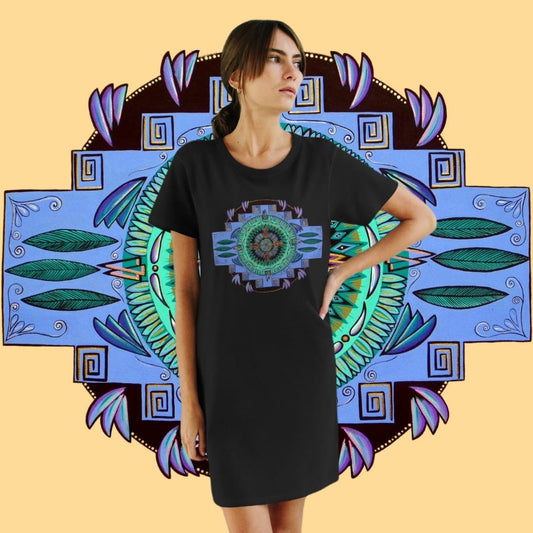 "Plumachakana" Ladies Organic T-Shirt Dress - Blue Flame Array T-Shirt