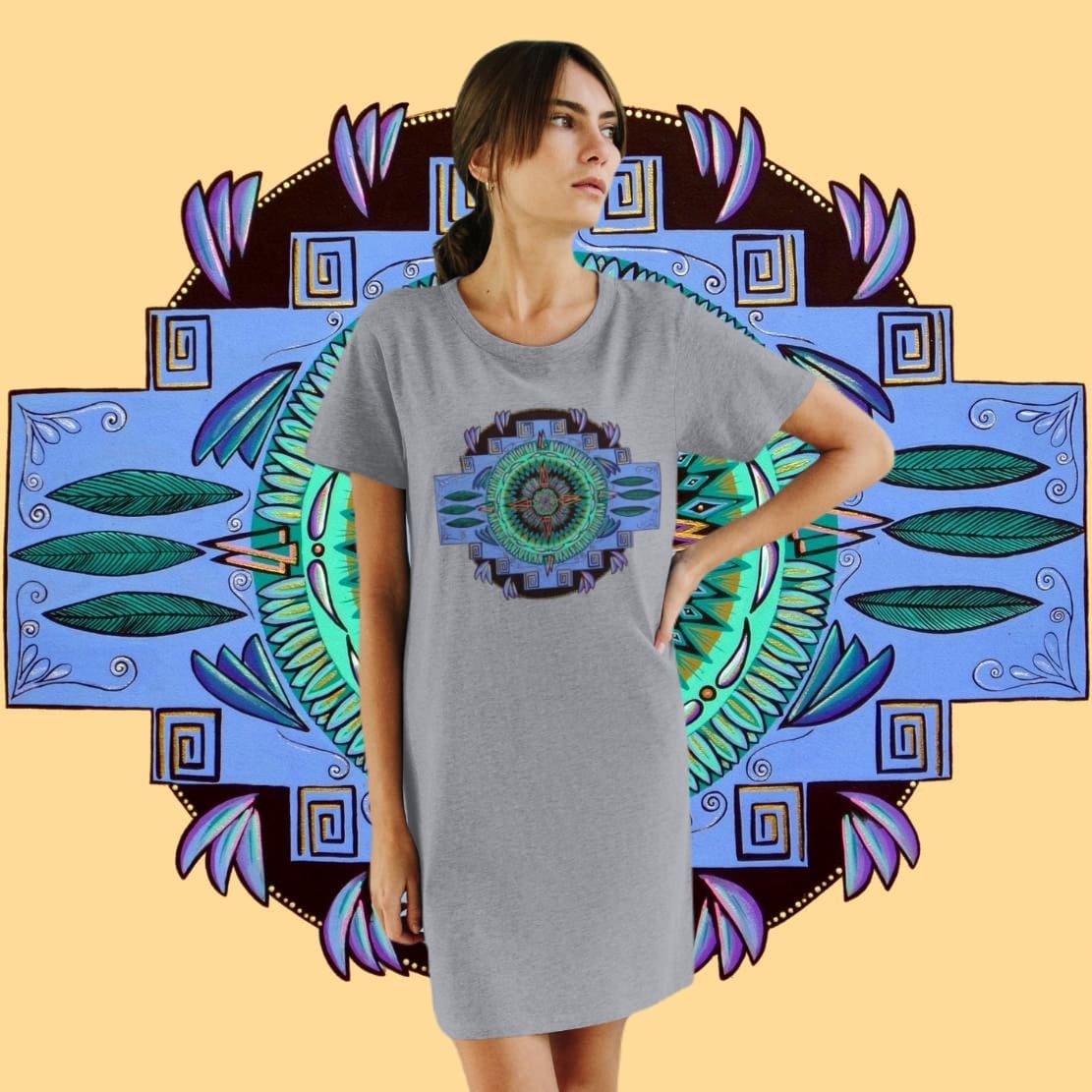 "Plumachakana" Ladies Organic T-Shirt Dress - Blue Flame Array T-Shirt