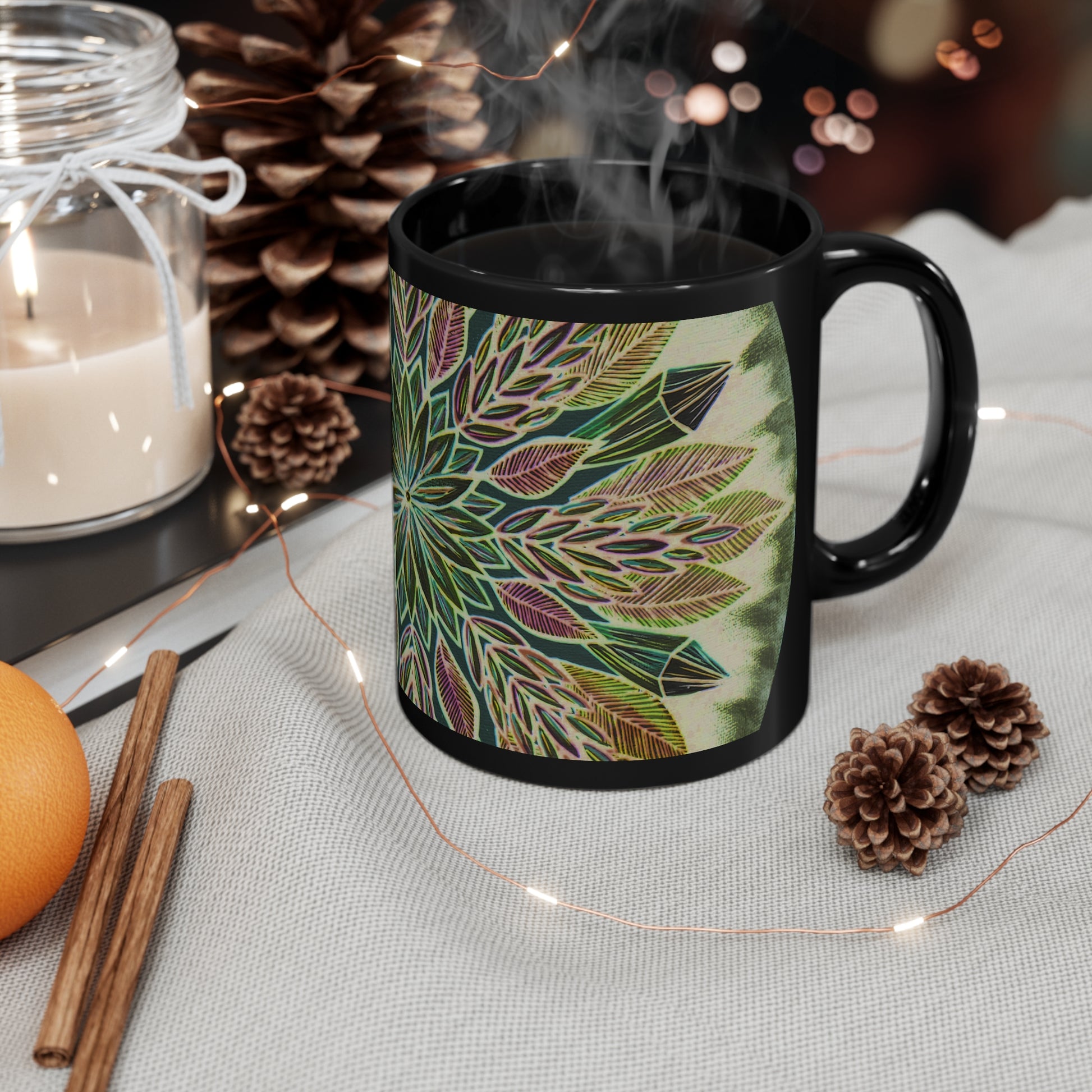 "Krystalhoja Verde" Black Ceramic Mug - Blue Flame Array 11oz Mug