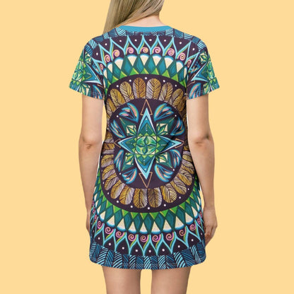 "AquilazurA Krys'dala" Ladies T-Shirt Dress - Blue Flame Array All Over Prints