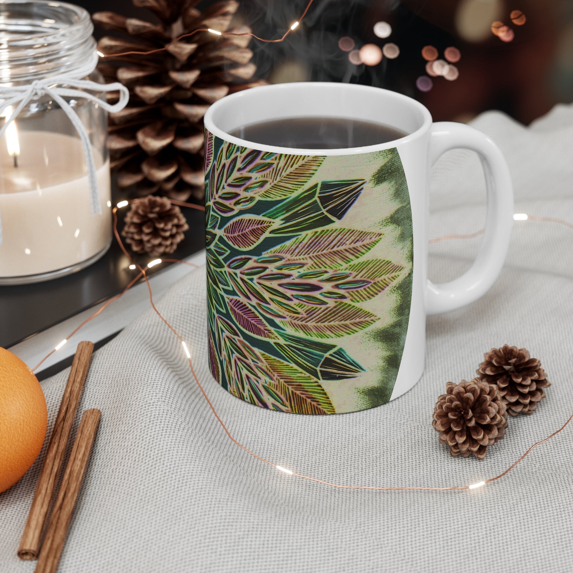 "Krystalhoja Verde" White Ceramic Mug - Blue Flame Array Mug