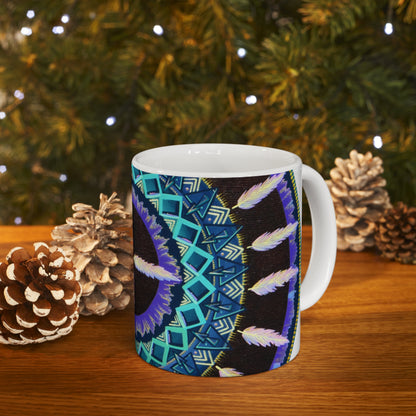 "Cuatro Vientos" White Ceramic Mug - Blue Flame Array Mug