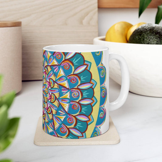 "Almandalayana" White Ceramic Mug - Blue Flame Array 11oz Mug