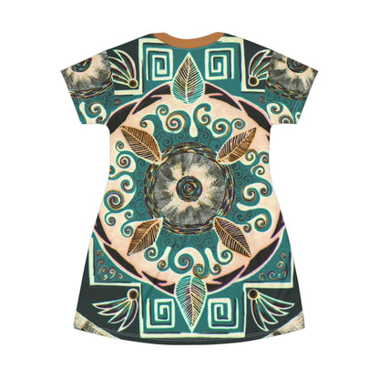 "Hojachakanazura" Ladies T-Shirt Dress - Blue Flame Array All Over Prints