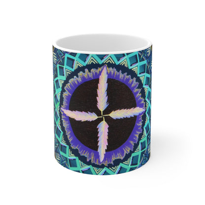 "Cuatro Vientos" White Ceramic Mug - Blue Flame Array Mug