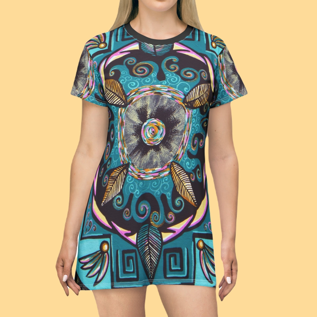 "Hojachakana" Ladies T-Shirt Dress - Blue Flame Array All Over Prints